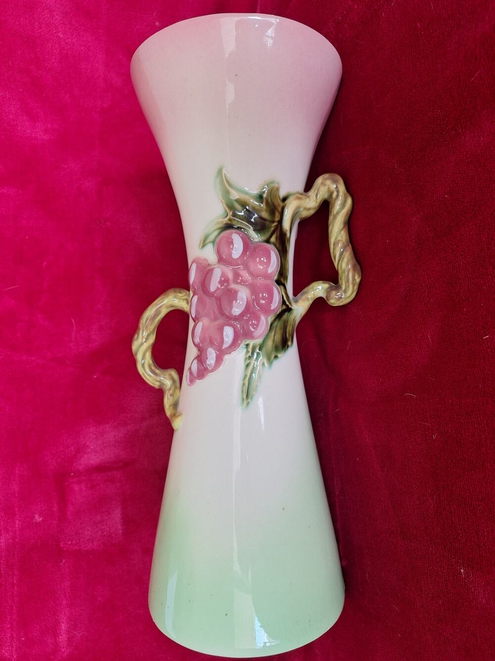 Hull Tokay Pink Green Vase #12 3D Grape Cluster Vine Handle 12" MCM - Excellent